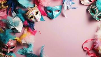 concepto diseño de carnaval mascaras, y carnaval adornos en pastel fondo, ai generativo foto