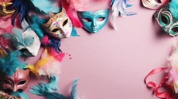 concept design of carnival masks, and carnival ornaments on pastel background, photo