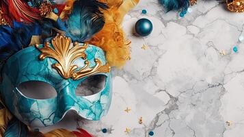 concept design of carnival masks, and carnival ornaments on pastel background, photo