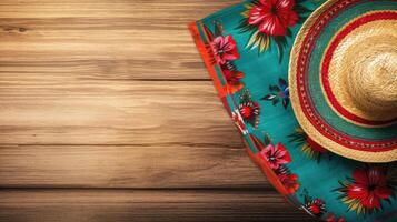 Cinco De Mayo with Round hat and Cinco de mayo ornament on wood background for banner design, AI Generative photo