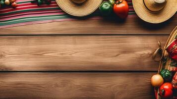 Top View Cinco De Mayo banner concept design of Round hat and cinco de mayo ornament on wood background, photo