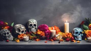 Day of the Dead background with candles and flowers on black background, AI Generative photo