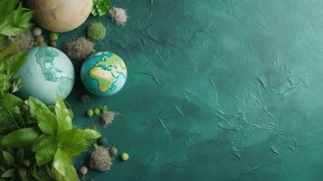 Top View of Earth Day banner concept design of plants, plant seeds and miniature earth, AI Generative photo
