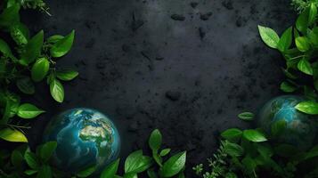 Top View of plants, plant seeds and miniature earth on rock background, photo