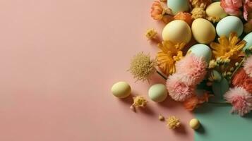 Top View of Happy Easter Day banner concept design of colorful eggs and plants, AI Generative photo