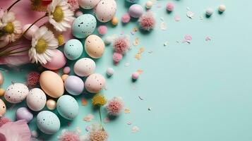 Happy Easter Day concept design of colorful eggs and plants for banner background, AI Generative photo