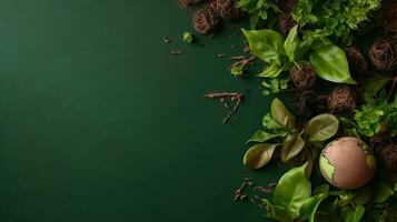 Top View of Earth Day banner concept design of plants, rocks and miniature earth on green background, AI Generative photo