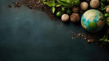 Earth Day for sale banner background with plants, plant seeds and miniature earth, AI Generative photo