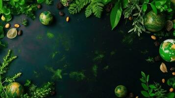 Earth Day Banner Background with plants, plant seeds and miniature earth, AI Generative photo