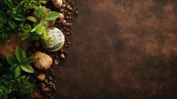 tierra día con hoja, planta semillas y rock para bandera diseño, ai generativo foto