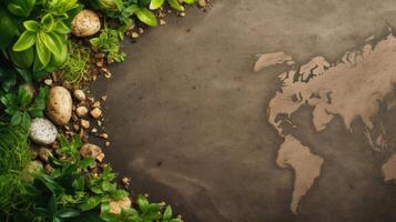 Top View of Earth Day banner concept design of plants, plant seeds and miniature earth, AI Generative photo