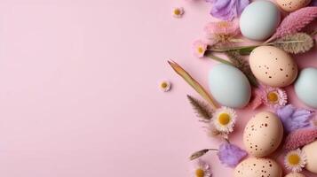 Top View of Happy Easter Day banner concept design of colorful eggs and plants on pastel background, AI Generative photo