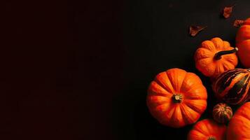 Top View of Halloween banner concept design of bunch of orange pumpkins on spooky background, AI Generative photo