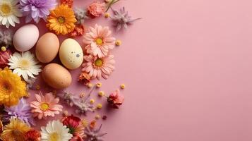 contento Pascua de Resurrección día bandera concepto diseño de vistoso huevos y plantas en pastel fondo, ai generativo foto