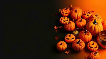 Background design sale banner for Halloween with bunch of orange pumpkins on spooky background, AI Generative photo