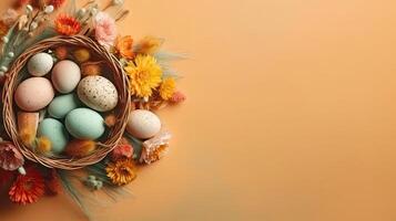 Top View of Happy Easter Day banner concept design of colorful eggs and plants on pastel background, AI Generative photo