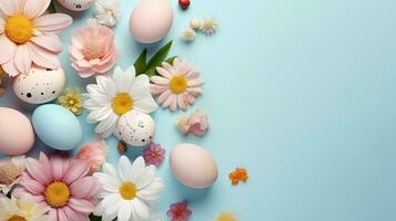 Colorful eggs and flower on pastel background for Happy Easter Day, AI Generative photo