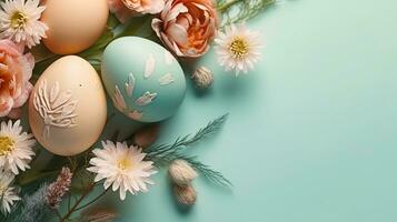 contento Pascua de Resurrección día antecedentes con vistoso huevos y flores en pastel fondo, ai generativo foto