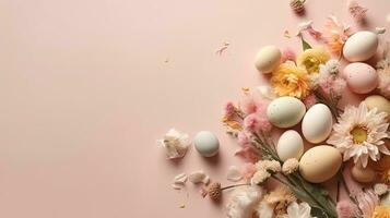 Top View of Happy Easter Day with colorful eggs and flowers on pastel background, AI Generative photo