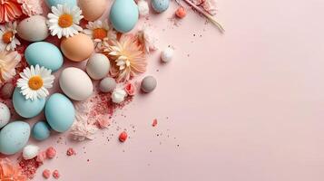 Happy Easter Day with colorful eggs and flowers on pastel background, AI Generative photo