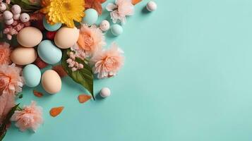 Top View of Happy Easter Day concept design of colorful eggs and flowers on pastel background, AI Generative photo