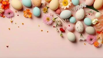 Colorful eggs and plants on pastel background for Happy Easter Day, AI Generative photo