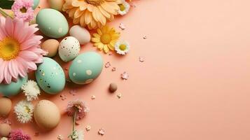 Perfect Concept Design background for Happy Easter Day sale banner with colorful eggs and flowers, AI Generative photo