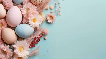 Top View of Happy Easter Day banner concept design of colorful eggs and flowers on pastel background, AI Generative photo