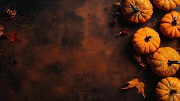Side View of Halloween banner concept design of bunch of orange pumpkins on spooky background, photo