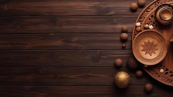 Ramadan Banner Background with Ramadan lights and food ornament, photo