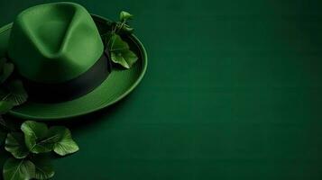 Perfect Concept Design background for St Patrick's sale banner with green hat and green leaves, AI Generative photo