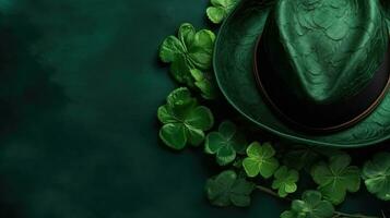 Perfect Concept Design background for St Patrick's sale banner with green hat and green leaves, AI Generative photo