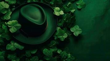 St Patrick's Background with green hat and green leaves on green pastel background, AI Generative photo