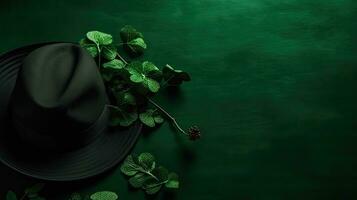 Concept design of green hat and green leaves on green pastel background for St Patrick's, AI Generative photo