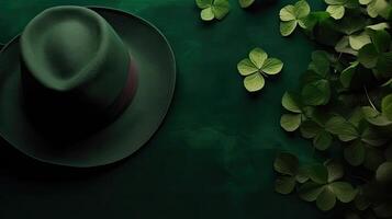 Design of green hat and green leaves on green pastel background, AI Generative photo