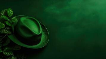 Top View of St Patrick's banner concept design of green hat and green leaves on green pastel background, AI Generative photo