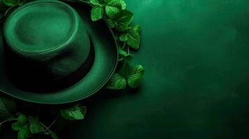 Design of green hat and green leaves on green pastel background, AI Generative photo