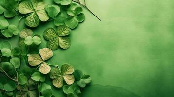 Top View of St Patrick's banner concept design of green leaves on green pastel background, AI Generative photo