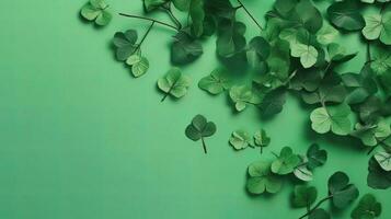 St Patrick's banner concept design of green leaves on green pastel background, AI Generative photo