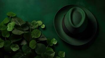 Green hat and green leaves on green pastel background for St Patrick's, AI Generative photo