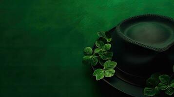 Top View of St Patrick's banner concept design of green hat and green leaves on pastel background, AI Generative photo