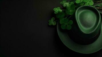 Top View of St Patrick's banner concept design of green hat and green leaves on pastel background, AI Generative photo
