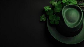 Top View of St Patrick's banner concept design of green hat and green leaves on pastel background, photo