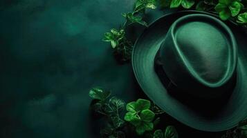 Top View of St Patrick's banner concept design of green hat and green leaves on pastel background, photo