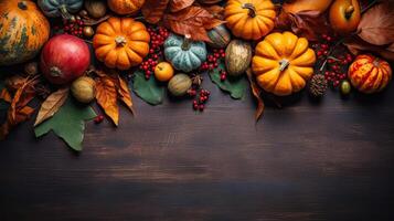 Thanksgiving day design of a collection of pumpkins and other vegetables for banner background, photo