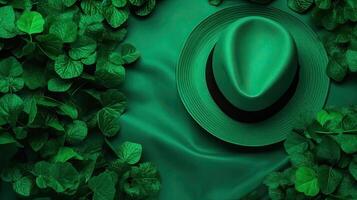 St Patrick's Background with green hat and green leaves on green pastel background, photo
