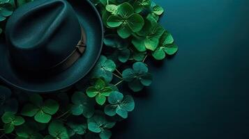 St Patrick's Background with green hat and green leaves on green pastel background, AI Generative photo