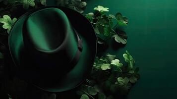 St Patrick's banner concept design of green hat and green leaves on green pastel background, AI Generative photo