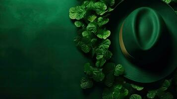 St Patrick's banner concept design of green hat and green leaves on green pastel background, AI Generative photo