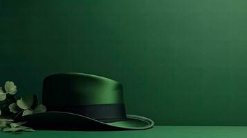 S t patrick's con verde sombrero en verde pastel fondo, ai generativo foto